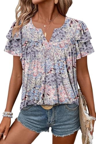 Angerella Women's Floral Print Short Sleeve V-Neck Tunic Tops