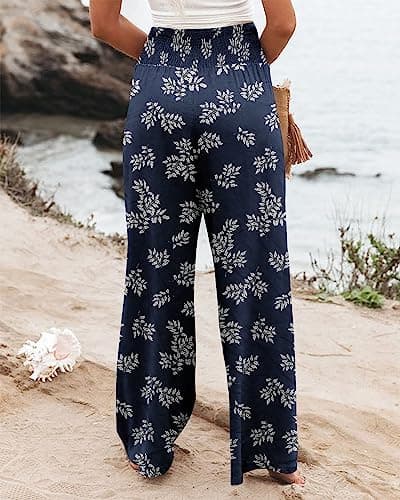 Womens High Waisted Elastic Palazzo Pants with Pocket Floral Blue