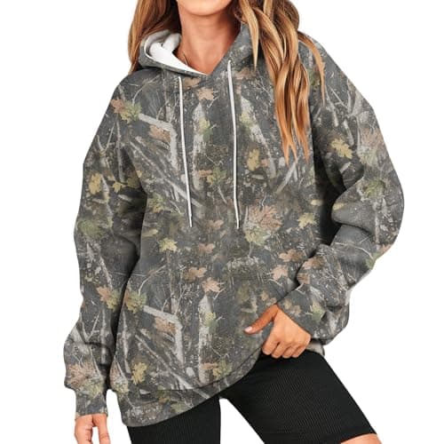 GOFULY Women's Oversized Camo Hoodie with Maple Leaf Print