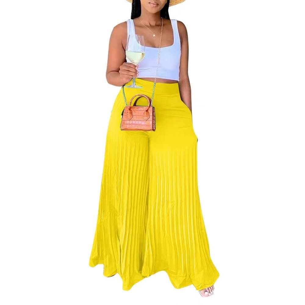 Lexiart High-Waisted Chiffon Pleated Wide Leg Palazzo Pants