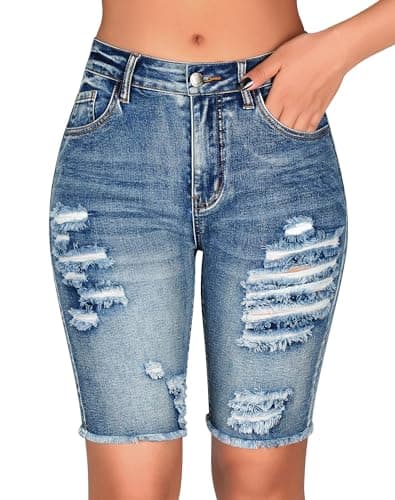 Rosswear Womens Ripped Stretch Mid Rise Frayed Long Jean Shorts