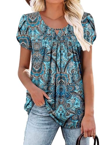OnlyPuff Women's Pleated Floral Tunic Tops Summer Boho Dress Casual