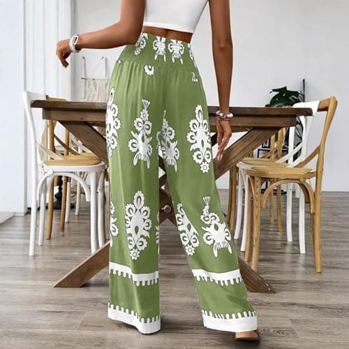 Elastic High Waisted Floral Print Wide Leg Linen Pants with Pockets