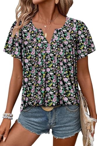 Angerella Women's Floral Print Short Sleeve V-Neck Tunic Tops