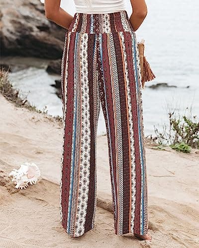 Angerella Women's Palazzo Pants, Wide Leg Lounge Trousers with Pockets, Brown Stripe, Large