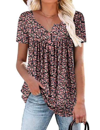 ROSELINLIN Women's Floral Summer Short Sleeve Shirt Loose Fit Leggings Top