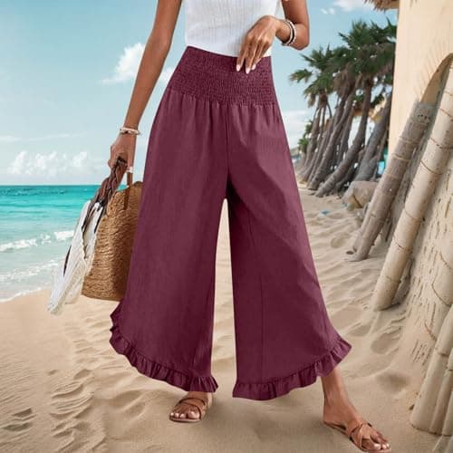 Yxzogd Women's Stretch Smocked Wide Leg Linen Palazzo Pants Ruffle Hem Summer Trousers