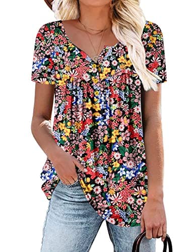 ROSELINLIN Women's Floral Summer Short Sleeve Shirt Loose Fit Leggings Top