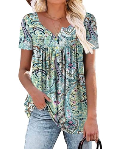 ROSELINLIN Women's Floral Summer Short Sleeve Shirt Loose Fit Leggings Top