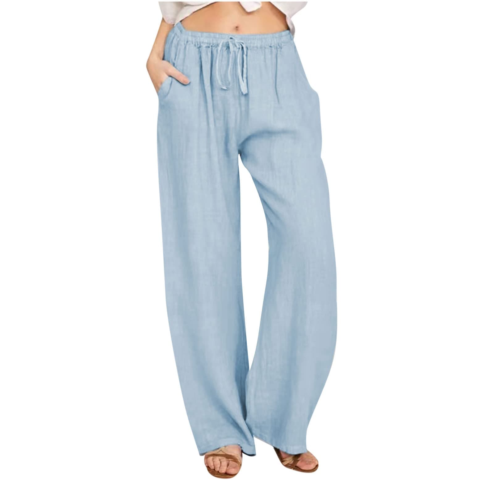 Yxzogd Women's Wide Leg Elastic Drawstring Linen Pants with Pockets