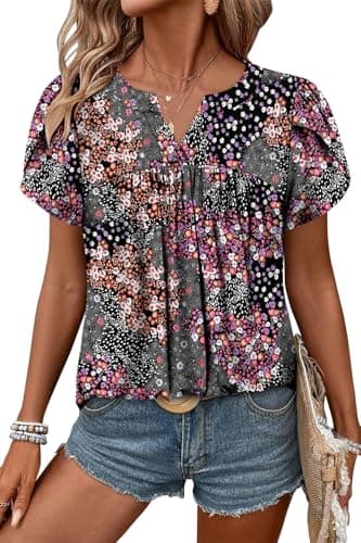 Angerella Women's Floral Print Short Sleeve V-Neck Tunic Tops