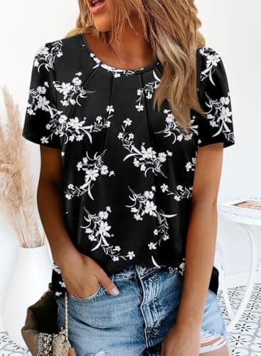 Angerella Women's Chiffon Floral Short Sleeve Blouse Summer Casual Top