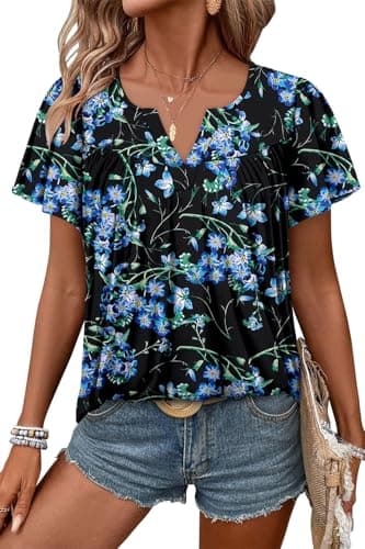 Angerella Women's Floral Print Short Sleeve V-Neck Tunic Tops