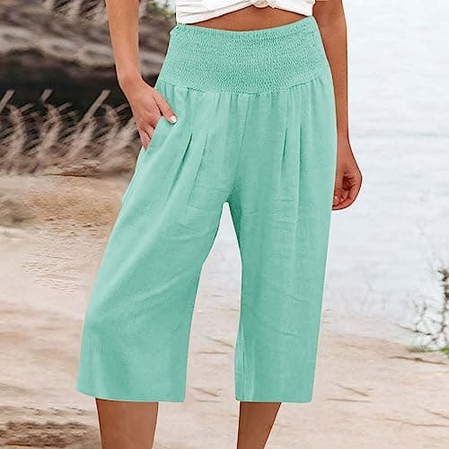 Sktremeuru Women's Summer Loose Wide Leg Linen Palazzo Pants High Waist Flowy Crop