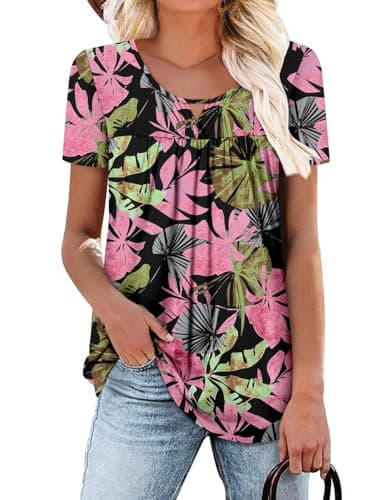 OnlyPuff Women's Pleated Floral Tunic Tops Summer Boho Dress Casual