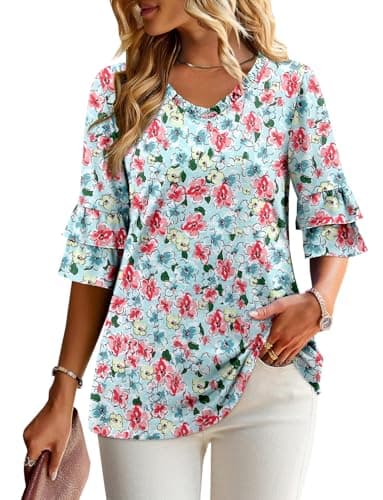 Angerella Dressy 3/4 Sleeve V-Neck Tunic Tops Spring Summer Tops