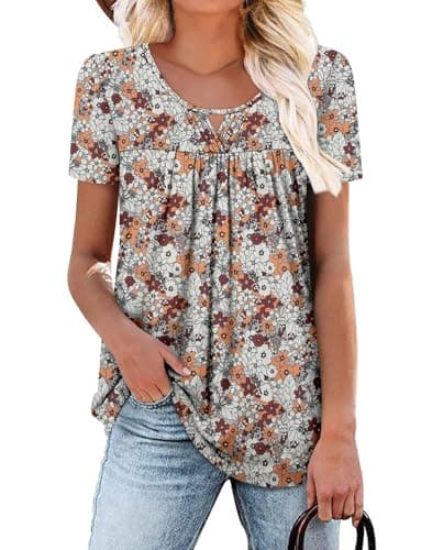 OnlyPuff Women's Pleated Floral Tunic Tops Summer Boho Dress Casual
