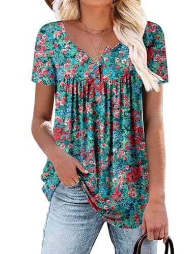 ROSELINLIN Women's Floral Summer Short Sleeve Shirt Loose Fit Leggings Top