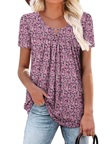 OnlyPuff Women's Pleated Floral Tunic Tops Summer Boho Dress Casual