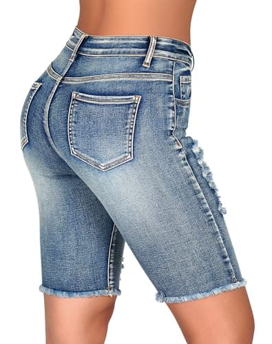 Rosswear Womens Ripped Stretch Mid Rise Frayed Long Jean Shorts