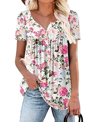 ROSELINLIN Women's Floral Summer Short Sleeve Shirt Loose Fit Leggings Top