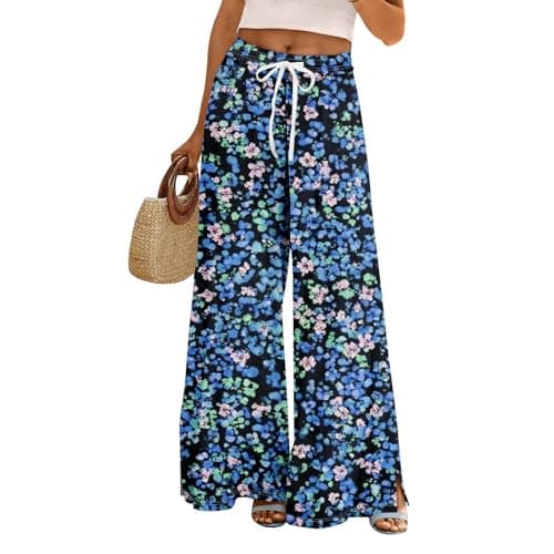 Elastic High Waisted Floral Print Wide Leg Linen Pants with Pockets