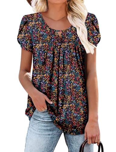 OnlyPuff Women's Pleated Floral Tunic Tops Summer Boho Dress Casual
