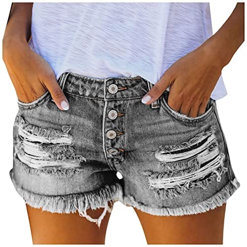 Women's Stretchy Mid Rise Ripped Denim Shorts