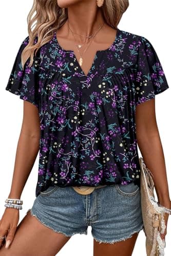 Angerella Women's Floral Print Short Sleeve V-Neck Tunic Tops