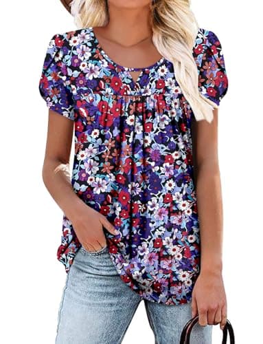 OnlyPuff Women's Pleated Floral Tunic Tops Summer Boho Dress Casual