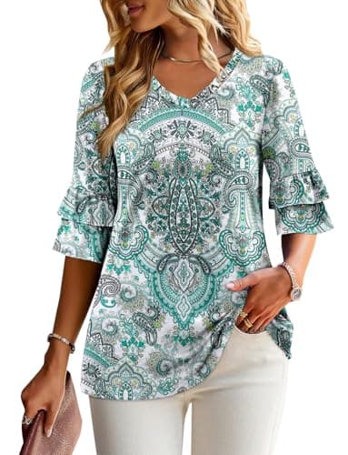 Angerella Dressy 3/4 Sleeve V-Neck Tunic Tops Spring Summer Tops