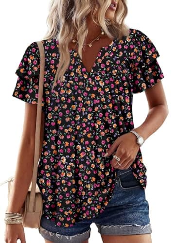 Angerella Women's Floral Print Short Sleeve V-Neck Tunic Tops