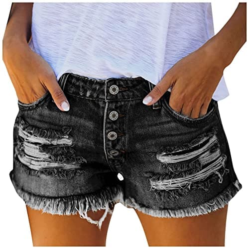 Women's Stretchy Mid Rise Ripped Denim Shorts