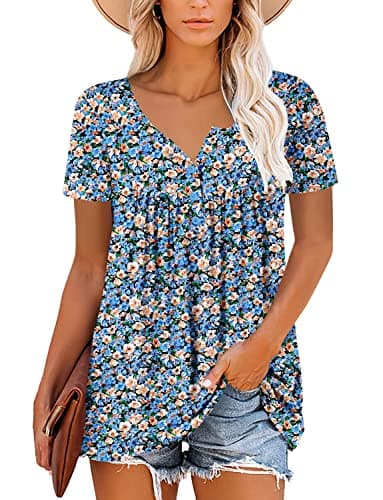 ROSELINLIN Women's Floral Summer Short Sleeve Shirt Loose Fit Leggings Top