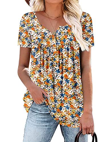 ROSELINLIN Women's Floral Summer Short Sleeve Shirt Loose Fit Leggings Top
