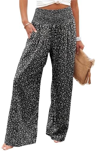 Bbkkuck Women's Elastic High-Waisted Wide Leg Palazzo Pants with Pockets