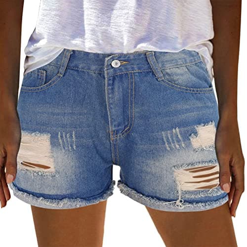Women's Stretchy Mid Rise Ripped Denim Shorts