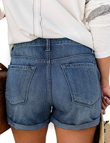 Angerella Women's Mid Rise Ripped Denim Shorts Stretchy Folded Hem