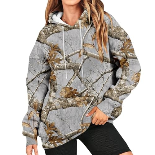 GOFULY Women's Oversized Camo Hoodie with Maple Leaf Print