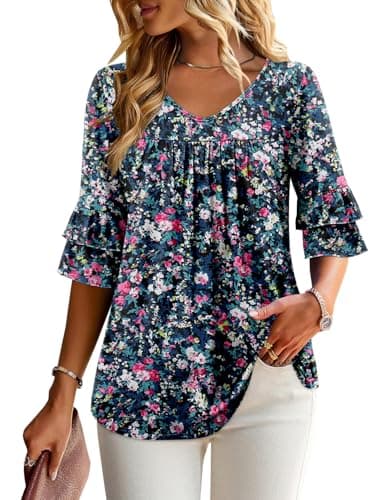 Angerella Dressy 3/4 Sleeve V-Neck Tunic Tops Spring Summer Tops