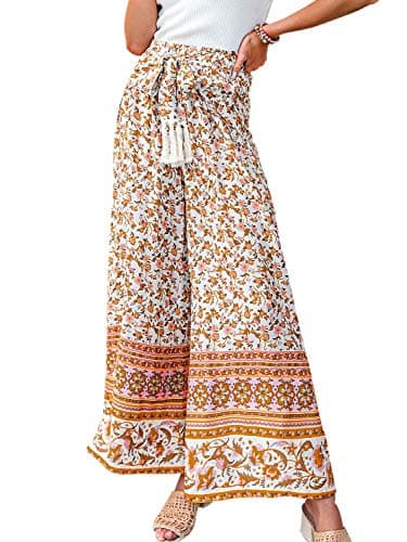 Eteviolet Women's Boho High-Waisted Wide Leg Flowy Summer Pants