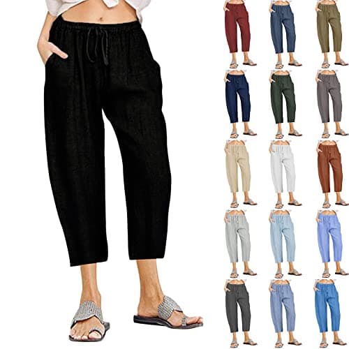Itsame Women's Summer Cotton Linen Drawstring Capri Pants
