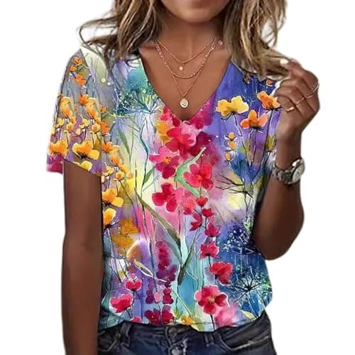 Akivide Boho Floral V-Neck Summer Tunic Shirt Plus Size