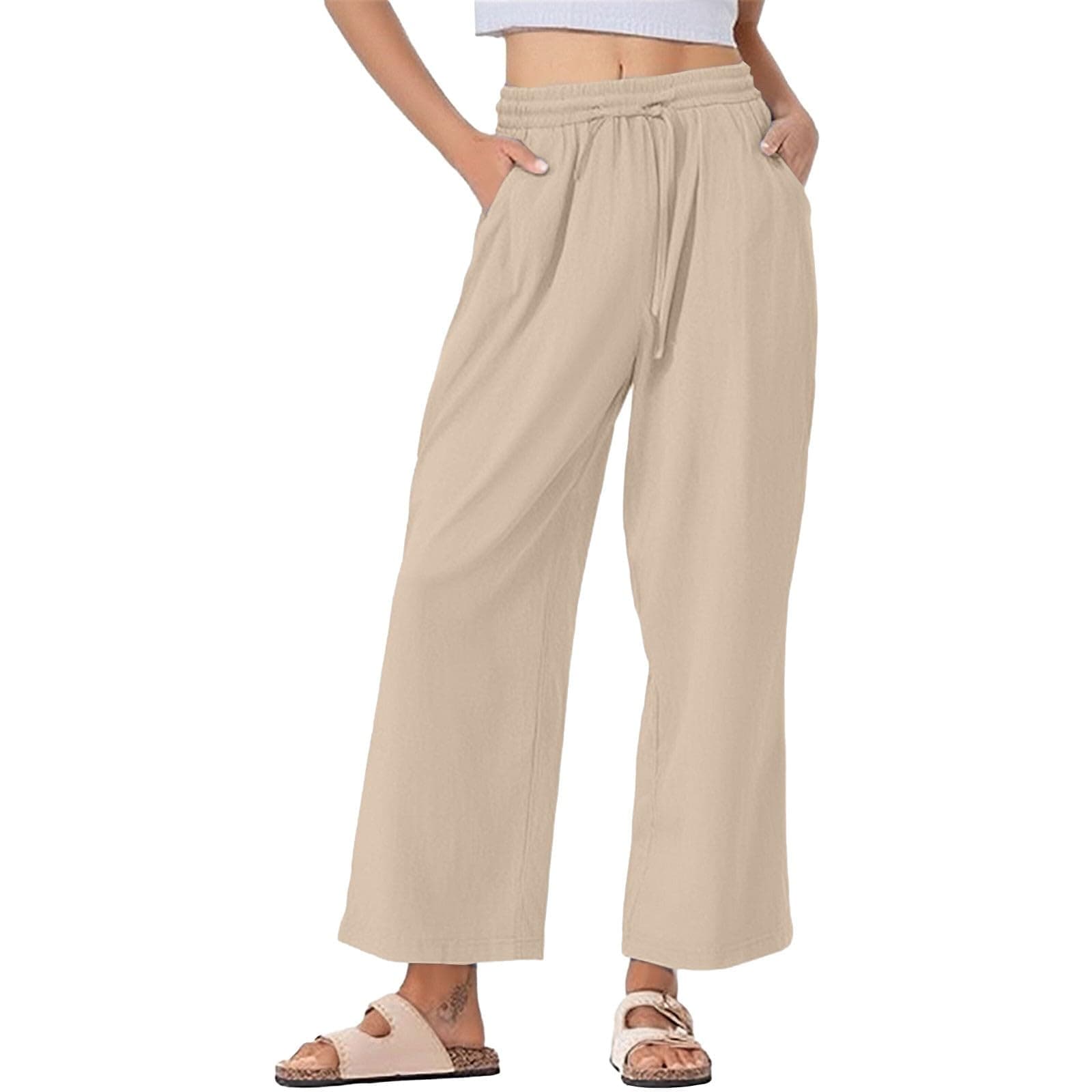 Trendy Women's Wide Leg Linen Pants with Elastic Waistband