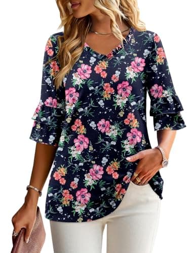 Angerella Dressy 3/4 Sleeve V-Neck Tunic Tops Spring Summer Tops