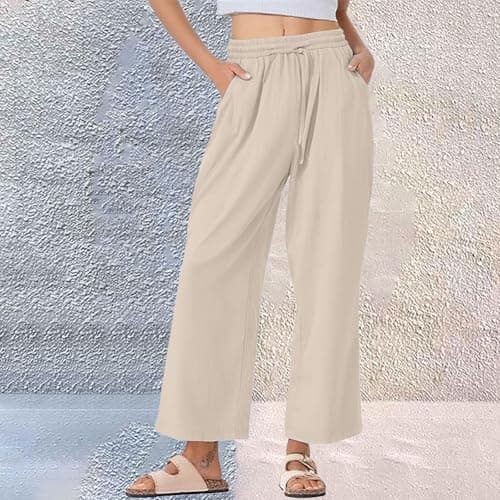 Trendy Women's Wide Leg Linen Pants with Elastic Waistband