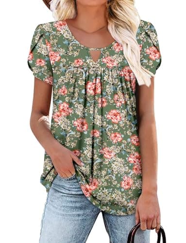 OnlyPuff Women's Pleated Floral Tunic Tops Summer Boho Dress Casual