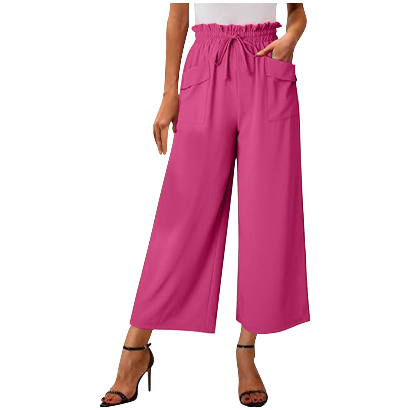 Summer High Waisted Linen Pant Women's Casual Wide Leg Cropped Pant with Flower Pattern