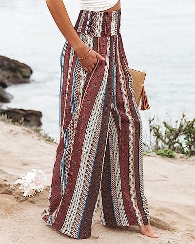 Angerella Women's Palazzo Pants, Wide Leg Lounge Trousers with Pockets, Brown Stripe, Large