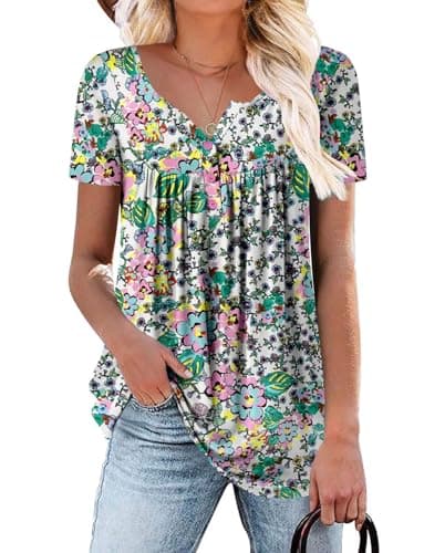 ROSELINLIN Women's Floral Summer Short Sleeve Shirt Loose Fit Leggings Top